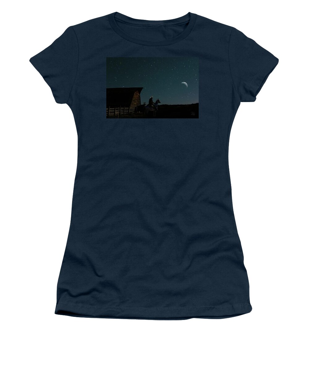 Cowboy Women's T-Shirt featuring the photograph Moonlight Ride by Debra Boucher