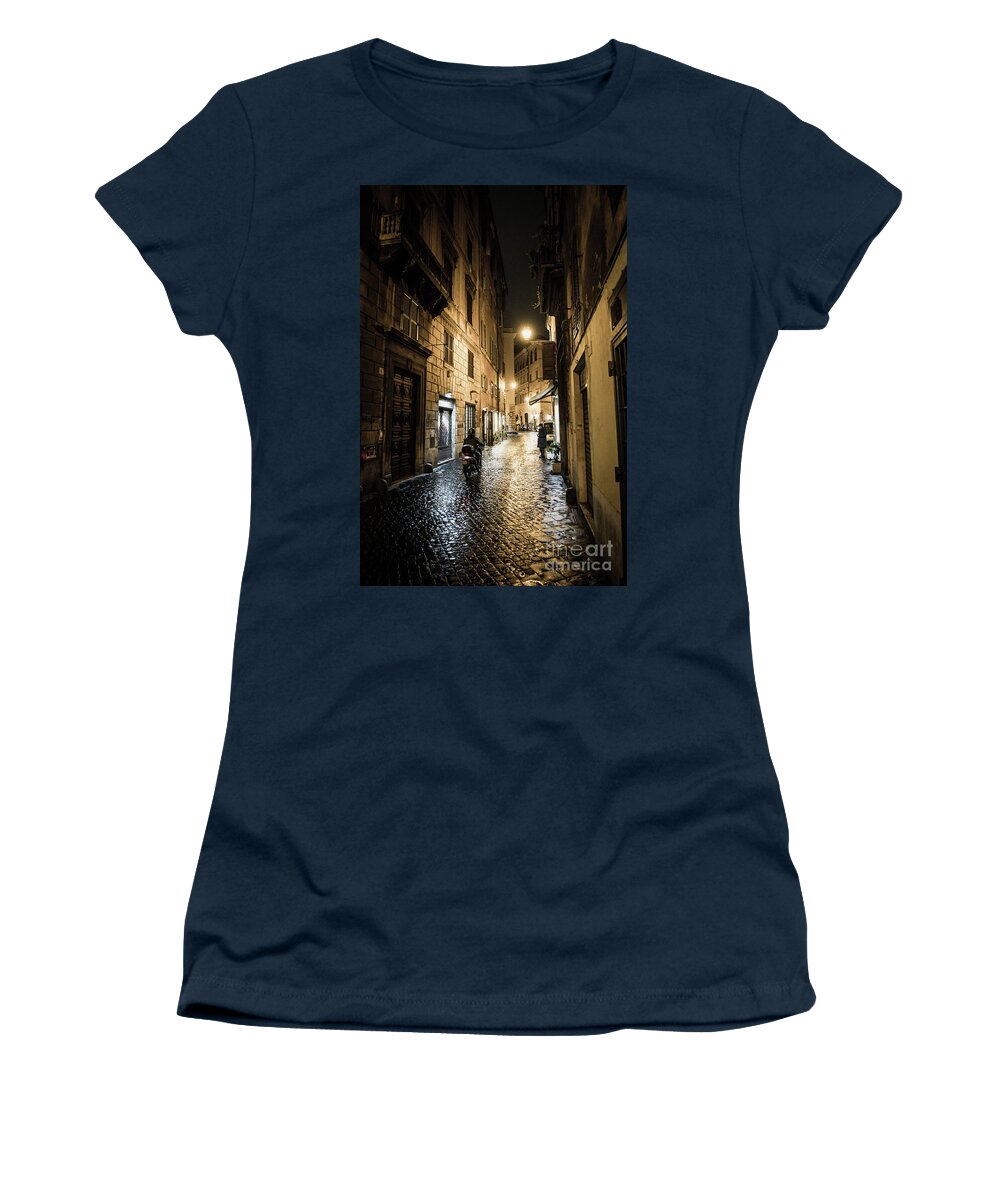 Italy Women's T-Shirt featuring the photograph Motorbike in Narrow Street at Night in Rome in Italy by Andreas Berthold