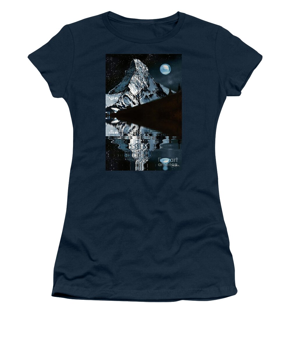 Mountain Women's T-Shirt featuring the drawing Mountain at night by Bill Richards