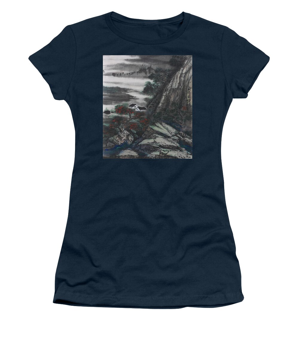 Chinese Watercolor Women's T-Shirt featuring the painting Houses by the River by Jenny Sanders