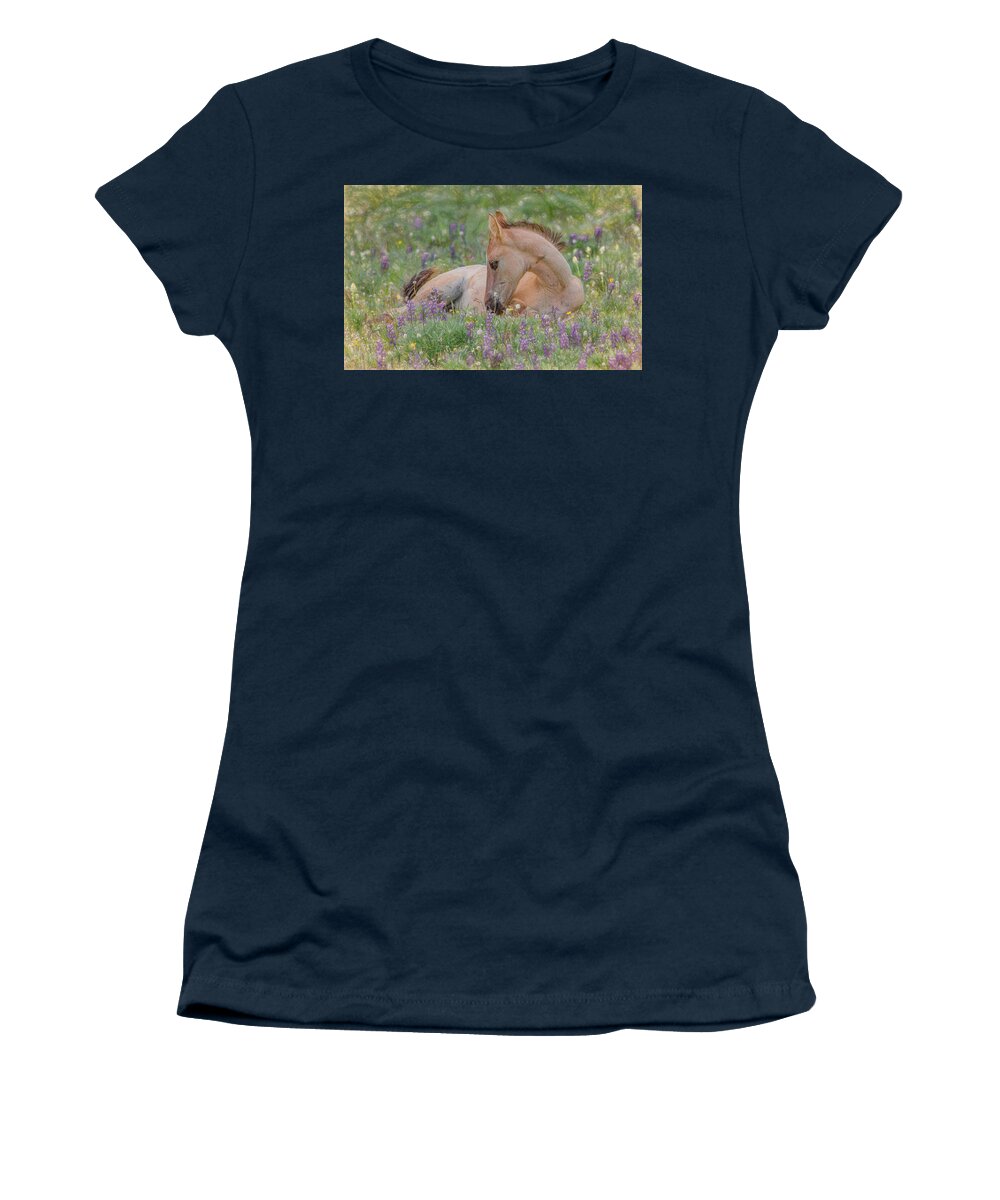 Wild Mustangs Women's T-Shirt featuring the photograph Wild Mustang Foal in the Wildflowers by Marcy Wielfaert