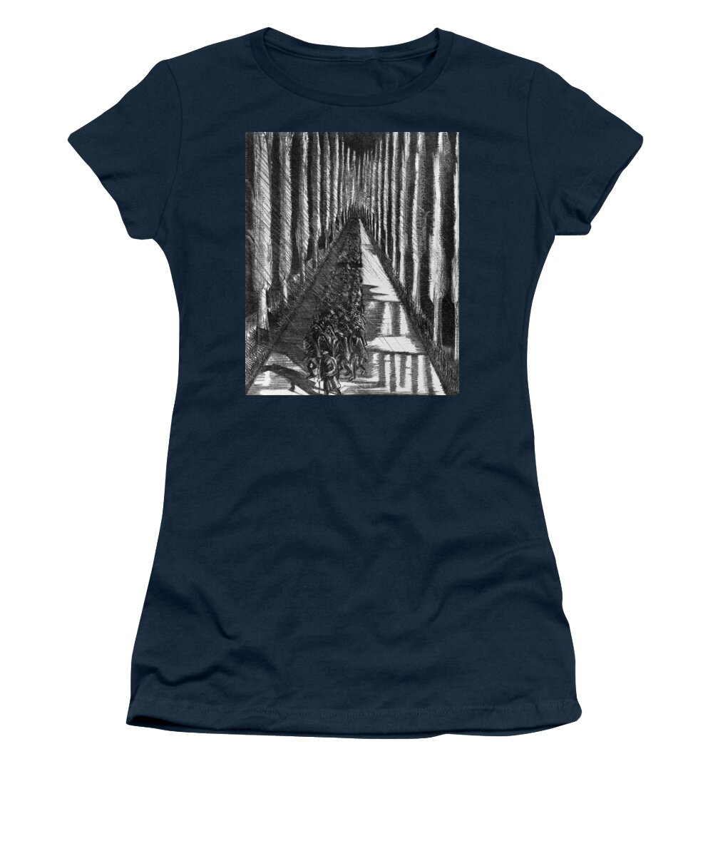 B1019 Women's T-Shirt featuring the drawing Men Marching At Night, 1918 by Paul Nash