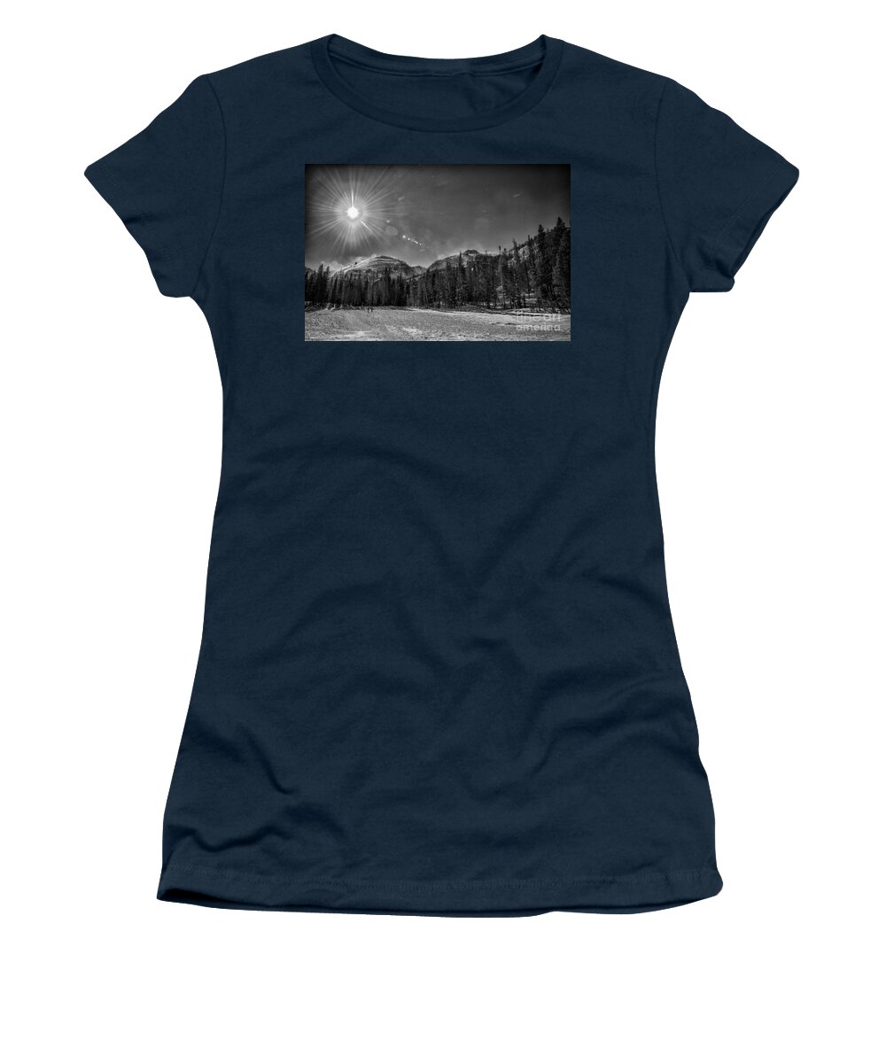 Black-and-white Women's T-Shirt featuring the photograph Nymph Lake Frozen by Bill Frische
