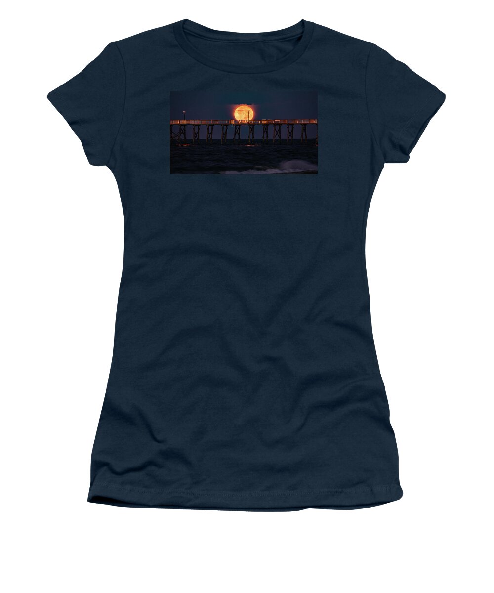 Fullmoon Women's T-Shirt featuring the photograph OKI Pier Moonset by Nick Noble