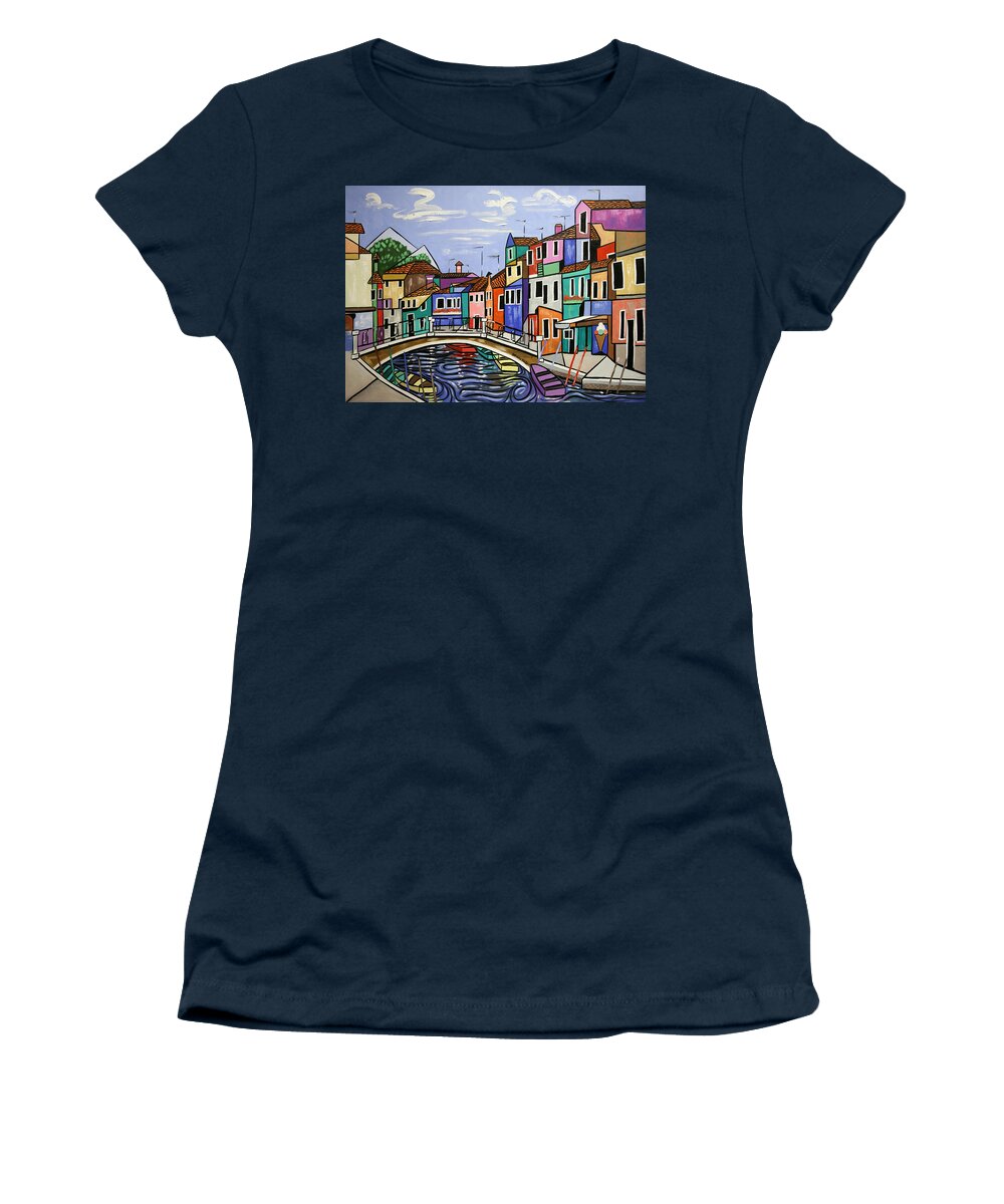 Cubism Women's T-Shirt featuring the painting Painted Buildings burano Venice by Anthony Falbo
