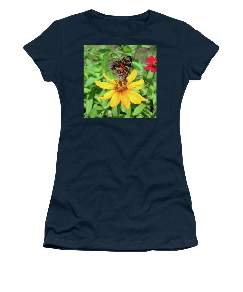 Painted Lady Women's T-Shirt featuring the photograph Painted Lady and Zinnia 4 by Amy E Fraser