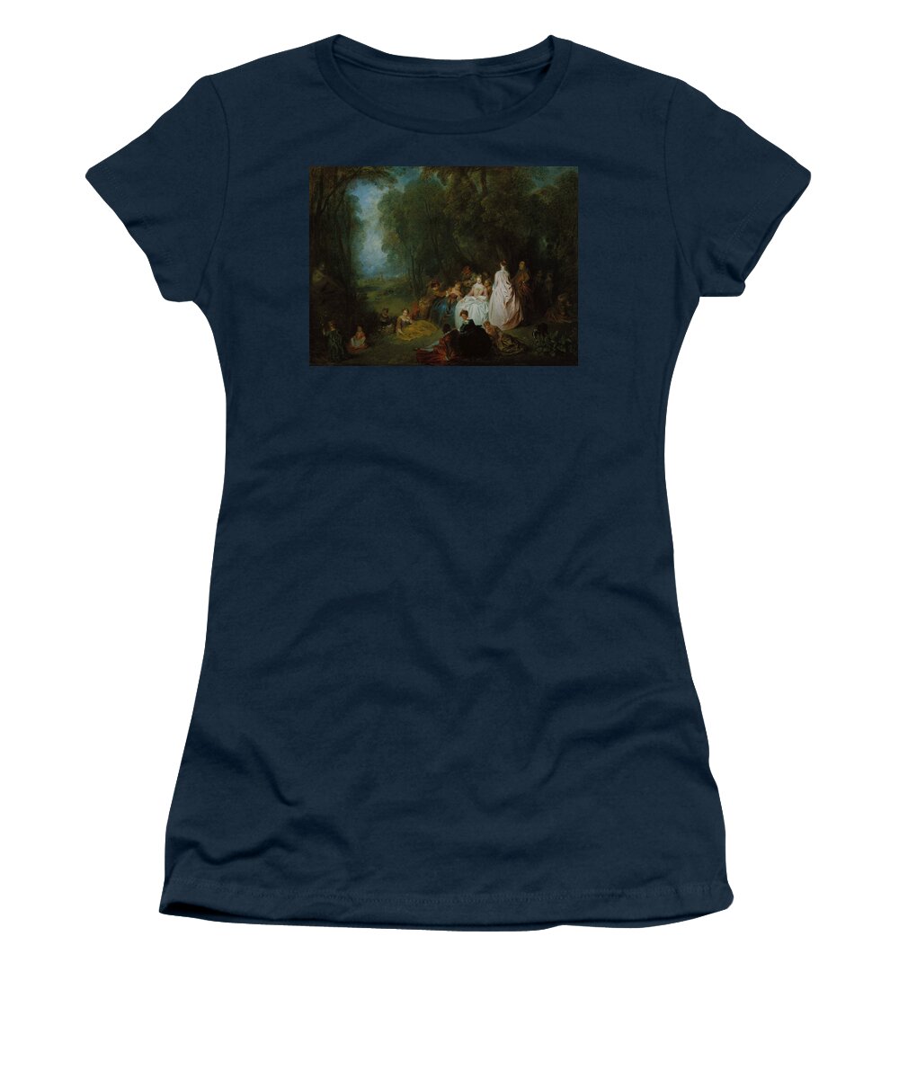18th Century Art Women's T-Shirt featuring the painting Pastoral Gathering by Jean-Antoine Watteau