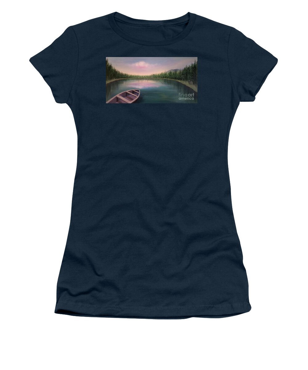 Lake Women's T-Shirt featuring the painting Peaceful Lake by Yoonhee Ko
