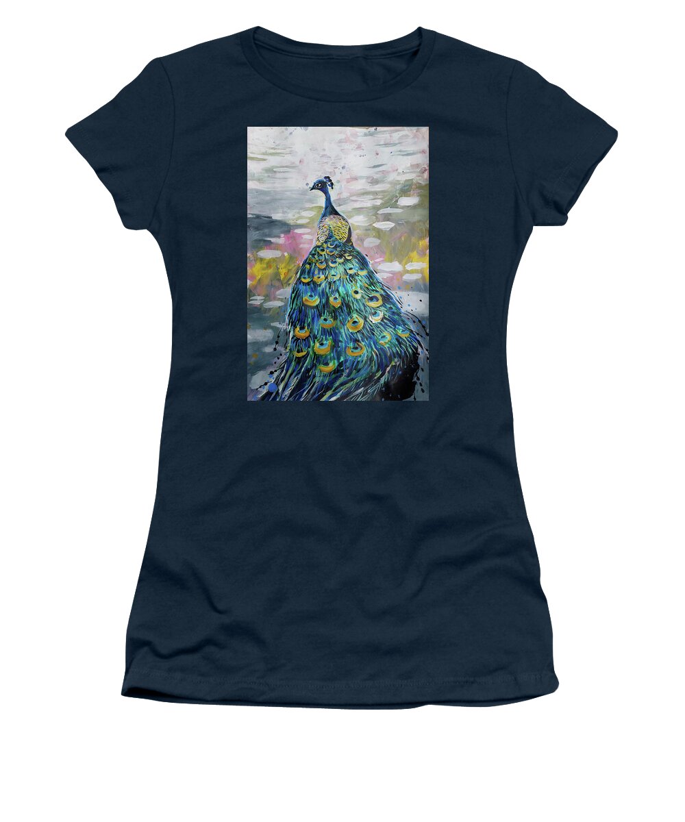 Bird Women's T-Shirt featuring the painting Peacock in dappled light by Tilly Strauss