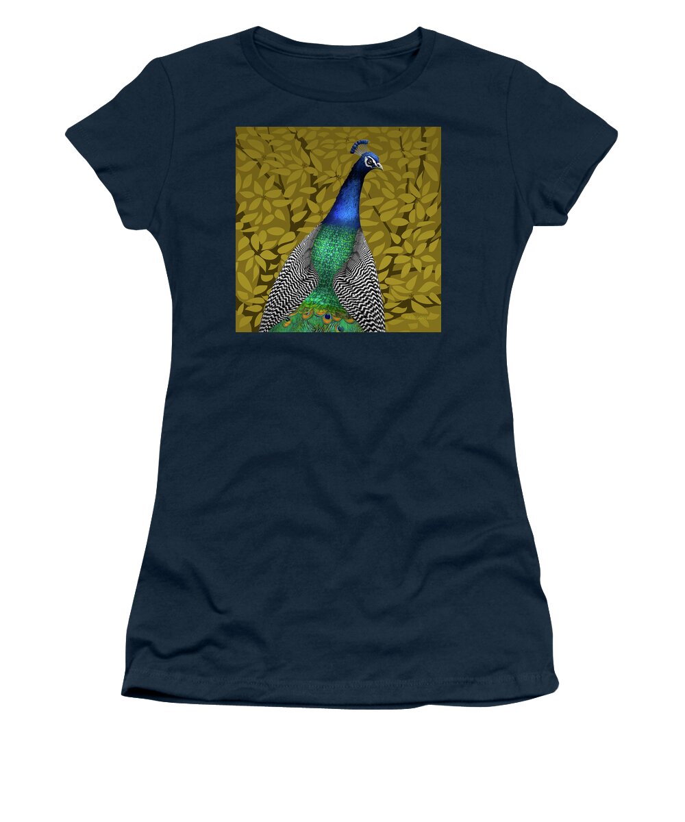 Peacock In Tree Women's T-Shirt featuring the painting Peacock in Tree, Raw Umber, Square by David Arrigoni