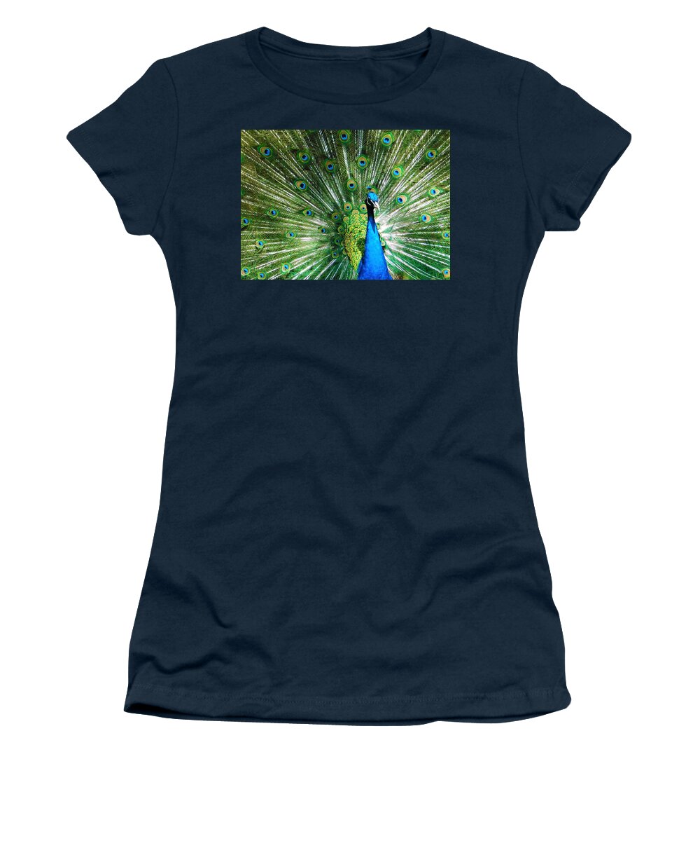 - Peacock Women's T-Shirt featuring the photograph - Peacock by THERESA Nye