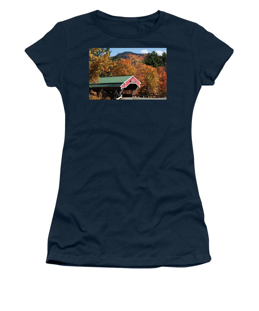 Jackson Nh Women's T-Shirt featuring the photograph Peak fall colors over the Jackson Covered Bridge by Jeff Folger