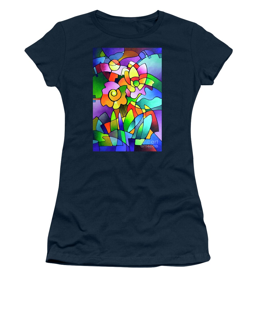 Geometric Floral Women's T-Shirt featuring the painting Pinwheel Blooms by Sally Trace