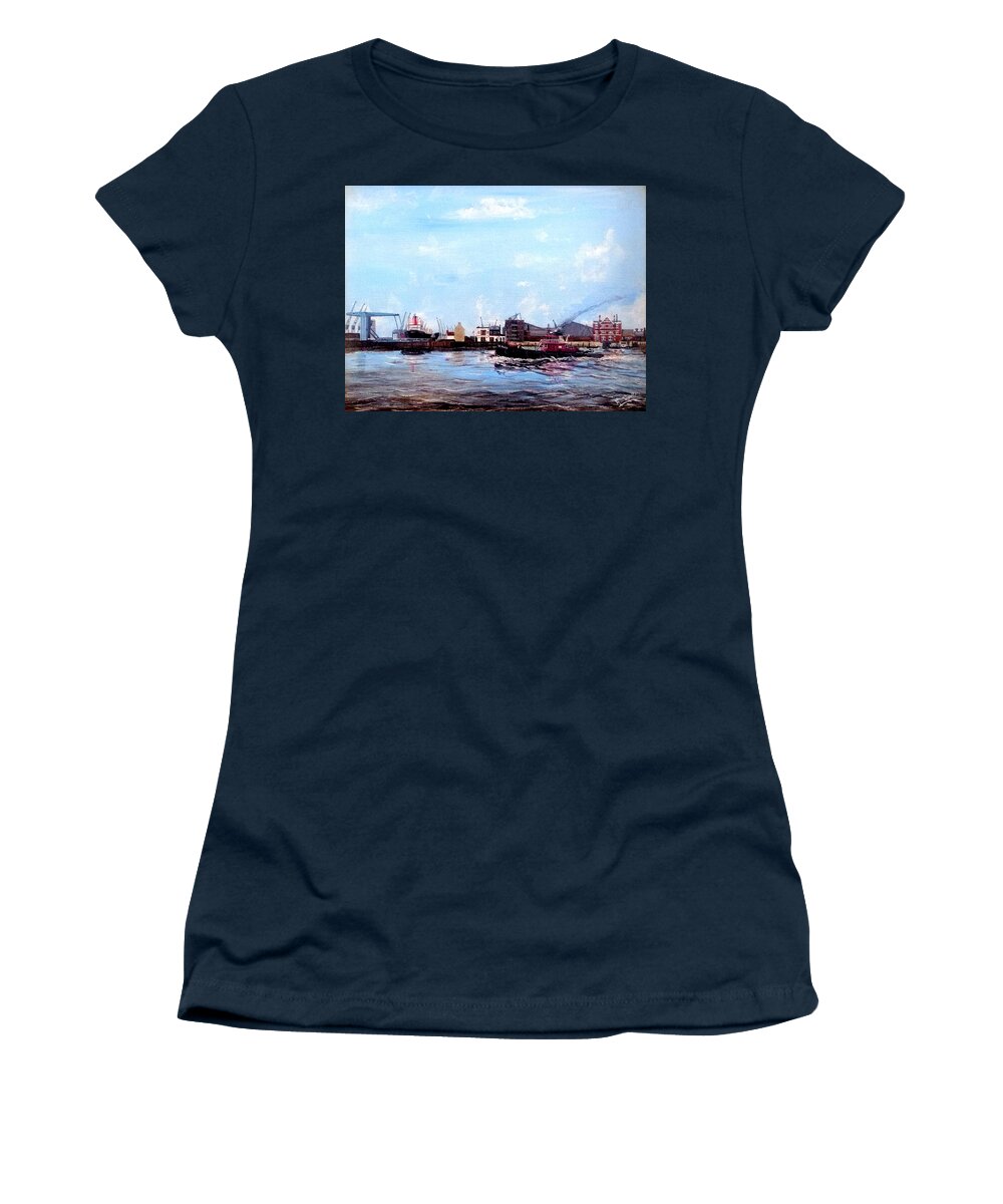 Pla Women's T-Shirt featuring the painting Pla Tug Placard Pa,ssing West India Dock Entrance, London 1980 by Mackenzie Moulton