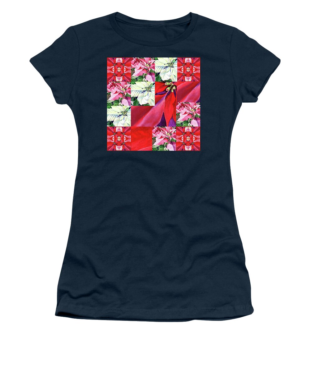 Poinsettia Women's T-Shirt featuring the painting Poinsettia Christmas Quilt by Irina Sztukowski