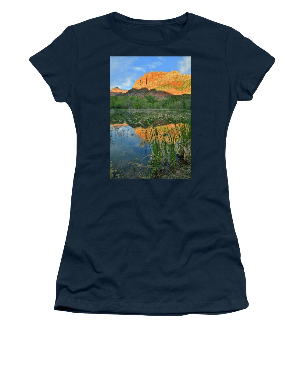 Zion National Park Women's T-Shirt featuring the photograph Pond Reflection of the Watchman in Zion NP by Ray Mathis