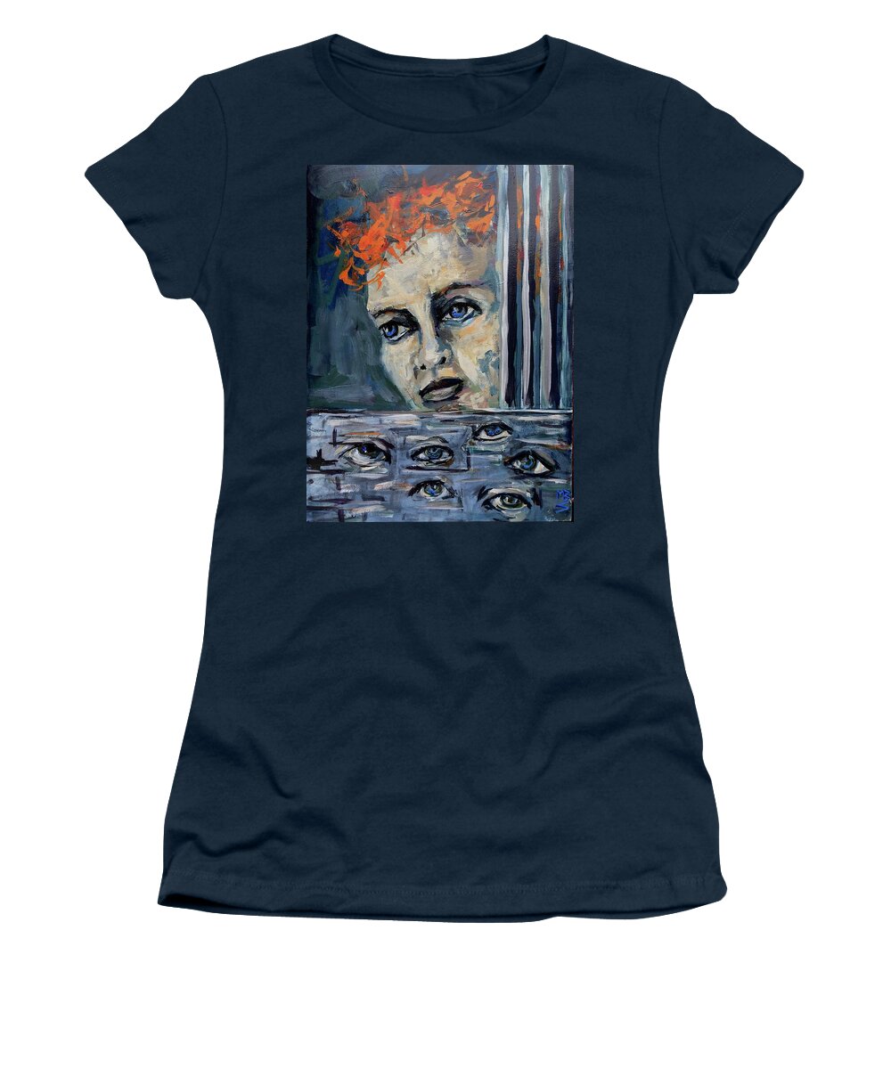 Faces Women's T-Shirt featuring the painting Privacy by Mary Schiros