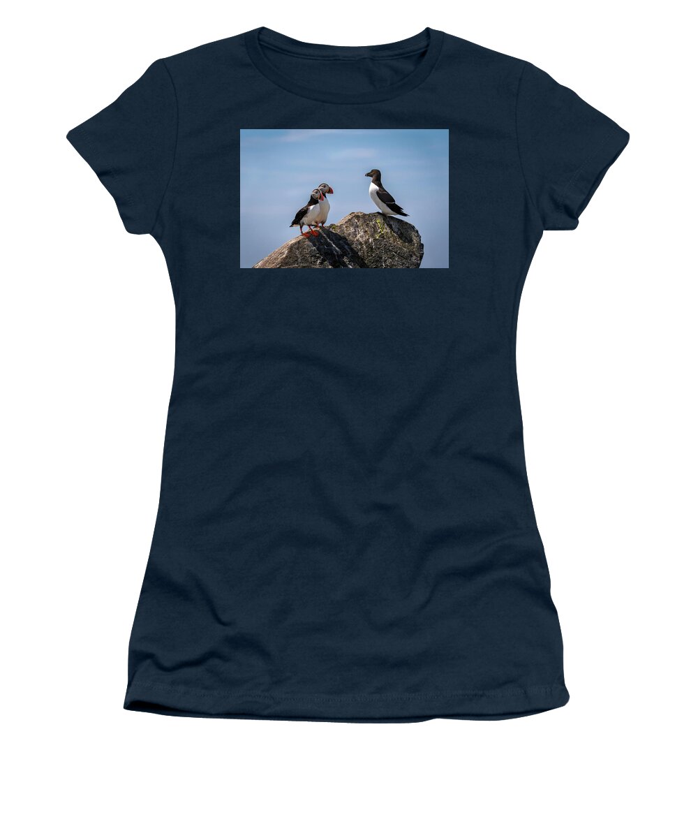 Atlantic Puffin Women's T-Shirt featuring the photograph Puffins and Razorbill by C Renee Martin