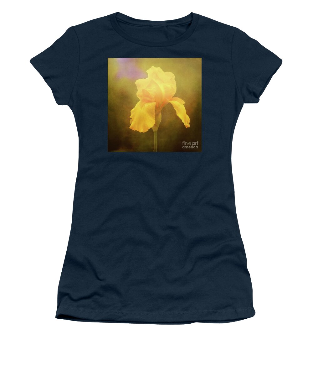 Iris Women's T-Shirt featuring the photograph Radiant Yellow Iris with a Vintage Touch by Anita Pollak