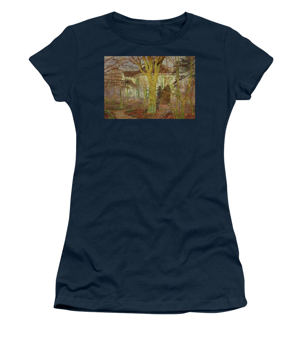 Emile Claus Women's T-Shirt featuring the painting Rayon de soleil-Sunshine, April 1899. The house of the painter in Asten, France. by Emile Claus