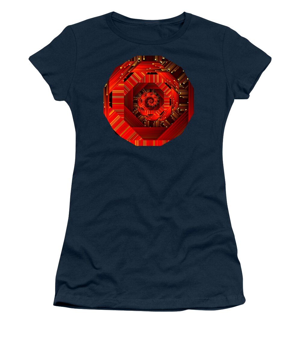 Modern Women's T-Shirt featuring the digital art Red Black and Gold Spiral Quantum Mechanics by Rachel Hannah