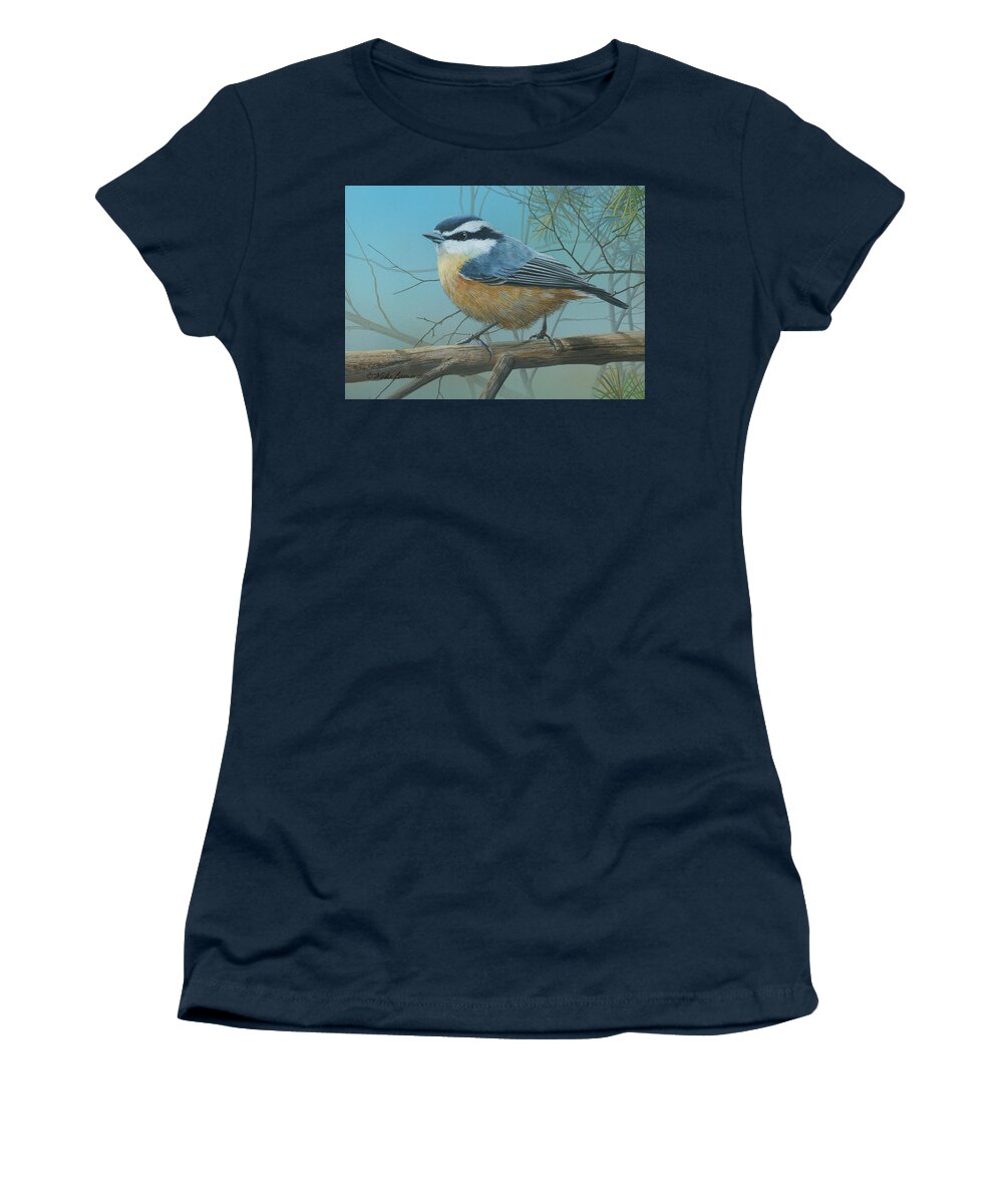 Red Brested Nuthatch Women's T-Shirt featuring the painting Red Brested Nuthatch by Mike Brown
