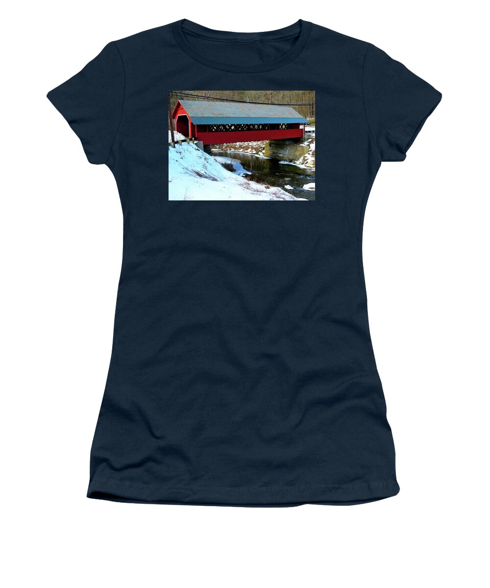 Covered Bridge Women's T-Shirt featuring the photograph Red Covered Bridge in Vermont by Linda Stern