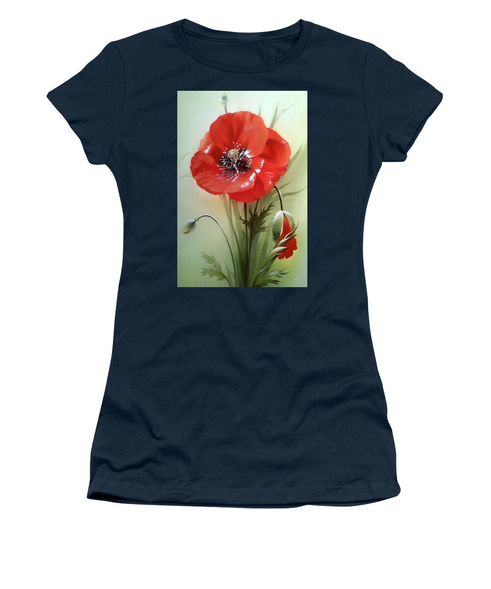 Russian Artists New Wave Women's T-Shirt featuring the painting Red Poppy Flower with Bud by Alina Oseeva