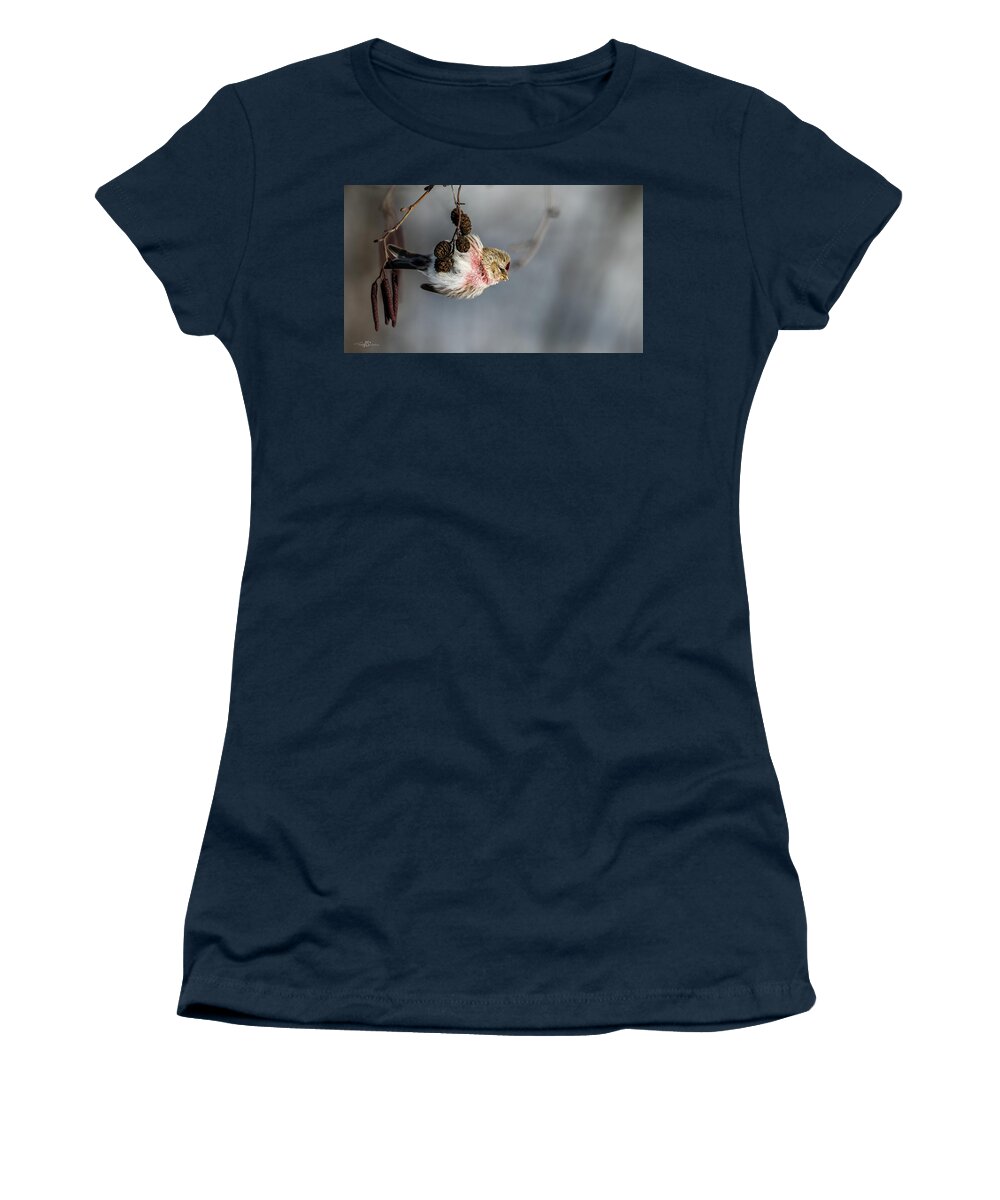 Redpoll On The Alder Twig Women's T-Shirt featuring the photograph Redpoll hanging on the alder twig searching for seed in the cone by Torbjorn Swenelius