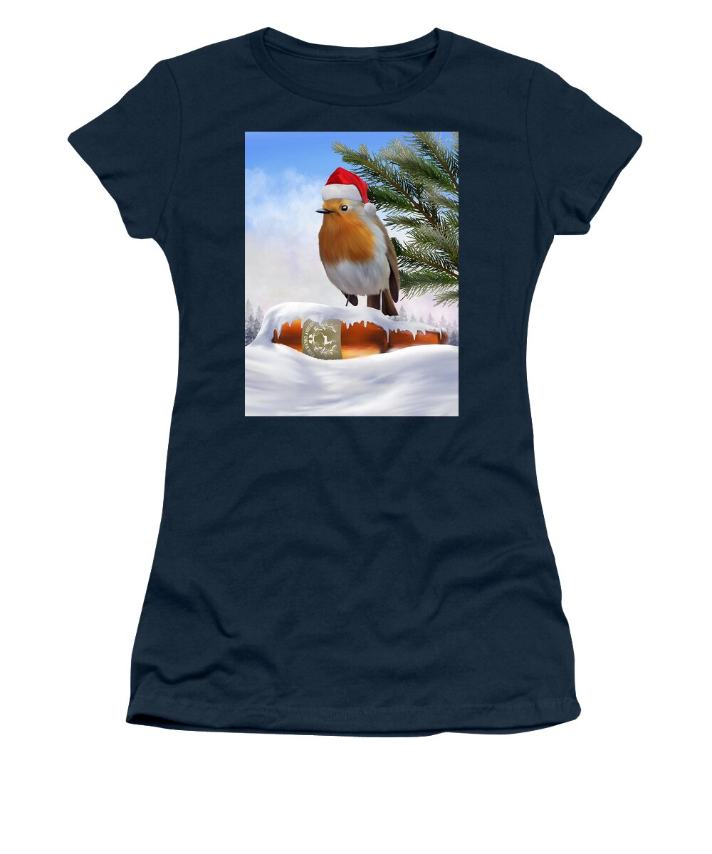 Robin Around The Christmas Tree Women's T-Shirt featuring the digital art Robin Around The Christmas Tree by Mark Taylor