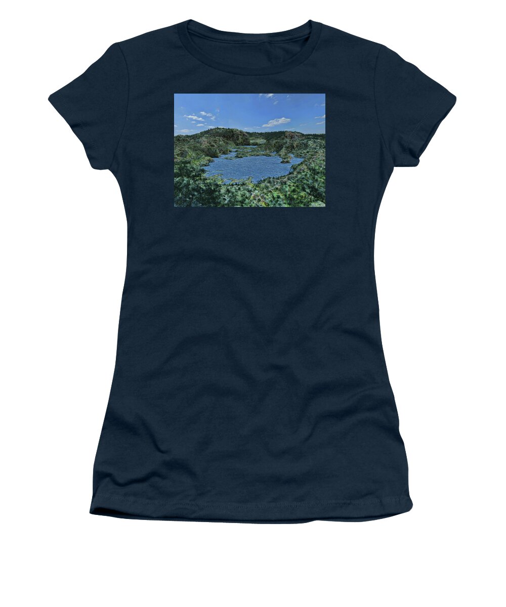Mountains Women's T-Shirt featuring the digital art Rolling Hills and Lake by David Luebbert