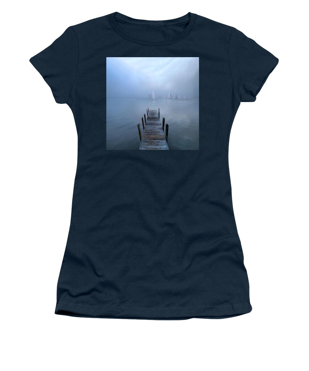 Boats Women's T-Shirt featuring the photograph Sailing into Blue by Debra and Dave Vanderlaan