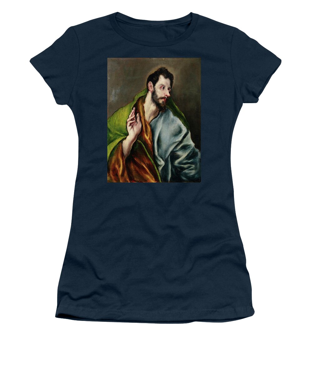 El Greco Y Taller Women's T-Shirt featuring the painting 'Saint Thomas', 1608-1614, Spanish School, Oil on canvas, 72 cm x 55 cm... by El Greco -1541-1614-