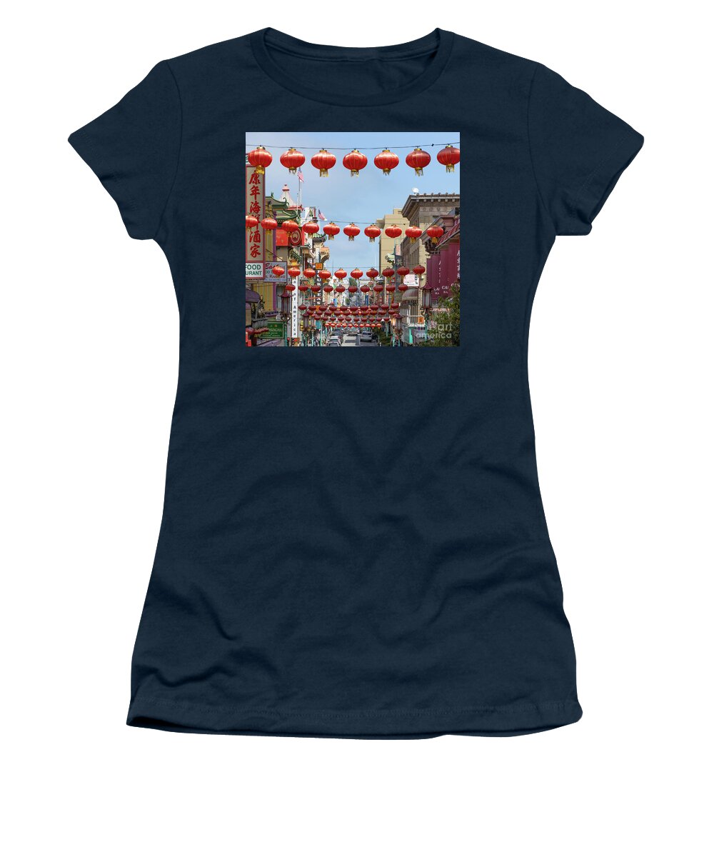 Wingsdomain Women's T-Shirt featuring the photograph San Francisco Chinatown Lanterns R428 sq by Wingsdomain Art and Photography