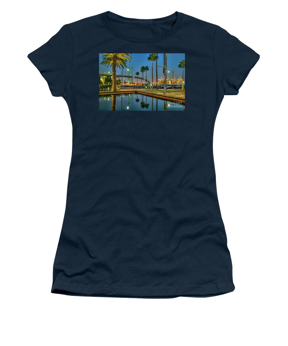 San Pedro Waterfront Vincent Thomas Bridge Women's T-Shirt featuring the photograph In the Still of Night by David Zanzinger