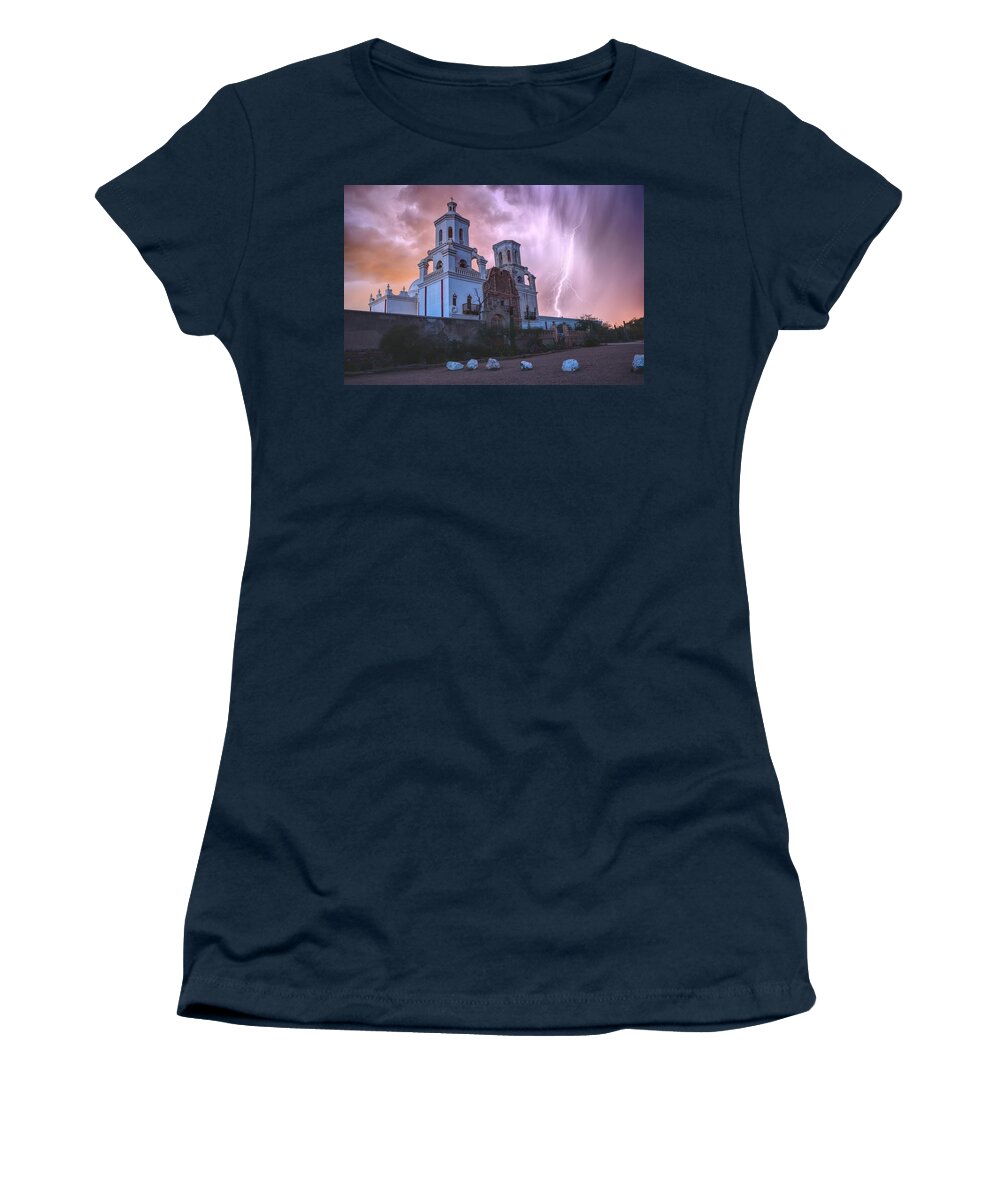 Lightning Women's T-Shirt featuring the photograph San Xavier Mission Lightning by Chance Kafka