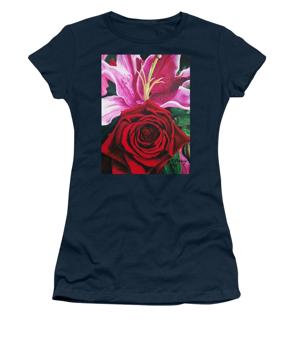 Lily Women's T-Shirt featuring the painting Scarlet Knight and a Lily by Sharon Duguay