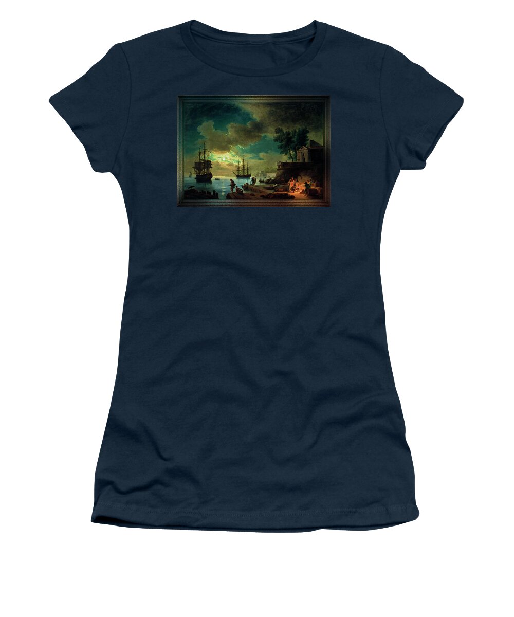 Seaport By Moonlight Women's T-Shirt featuring the painting Seaport by Moonlight by Claude Joseph Vernet by Rolando Burbon