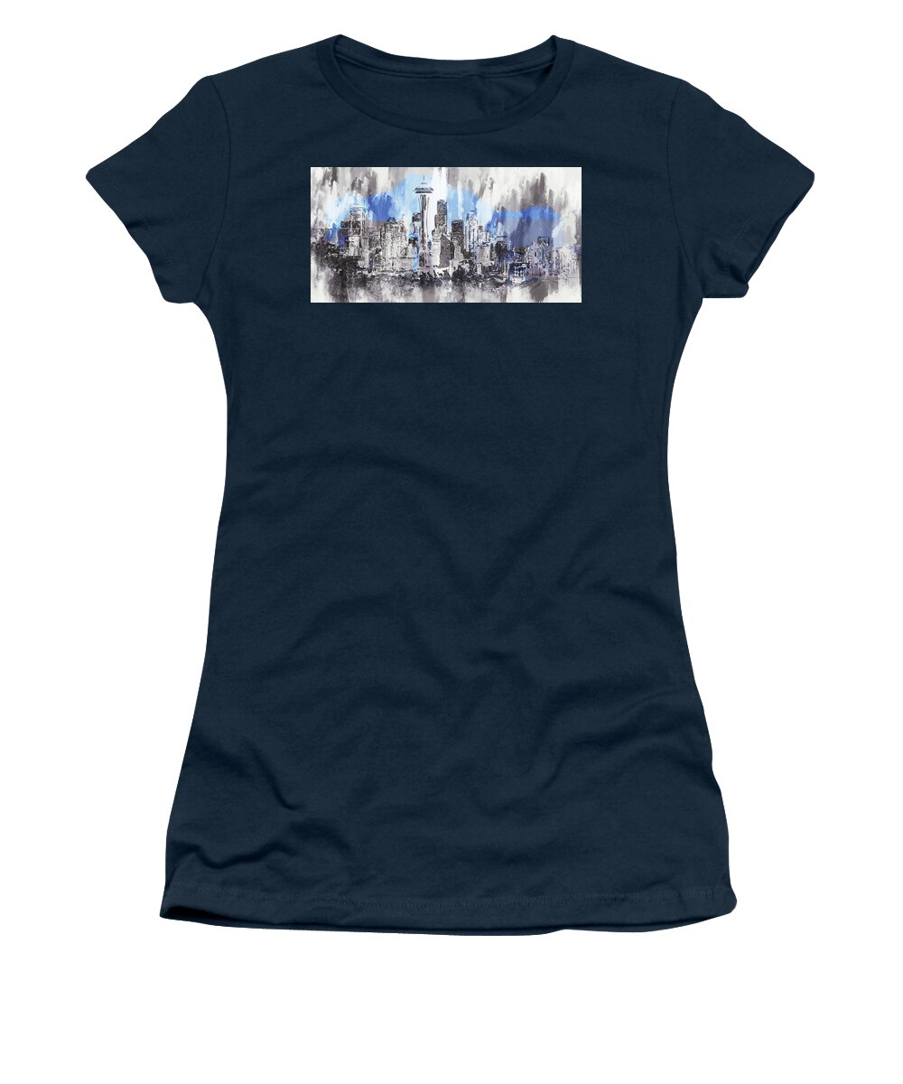 Seattle Women's T-Shirt featuring the painting Seattle Skyline - 08 by AM FineArtPrints