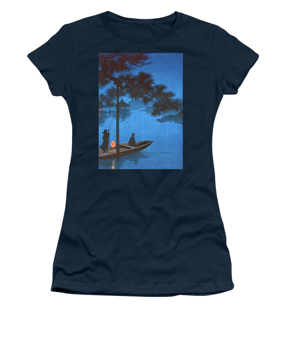 Shubi Pine Women's T-Shirt featuring the mixed media Shubi Pine Tree Branch, Yoru no shubi no matsu, Ukiyo-e Color Woodblock KA by Kathy Anselmo