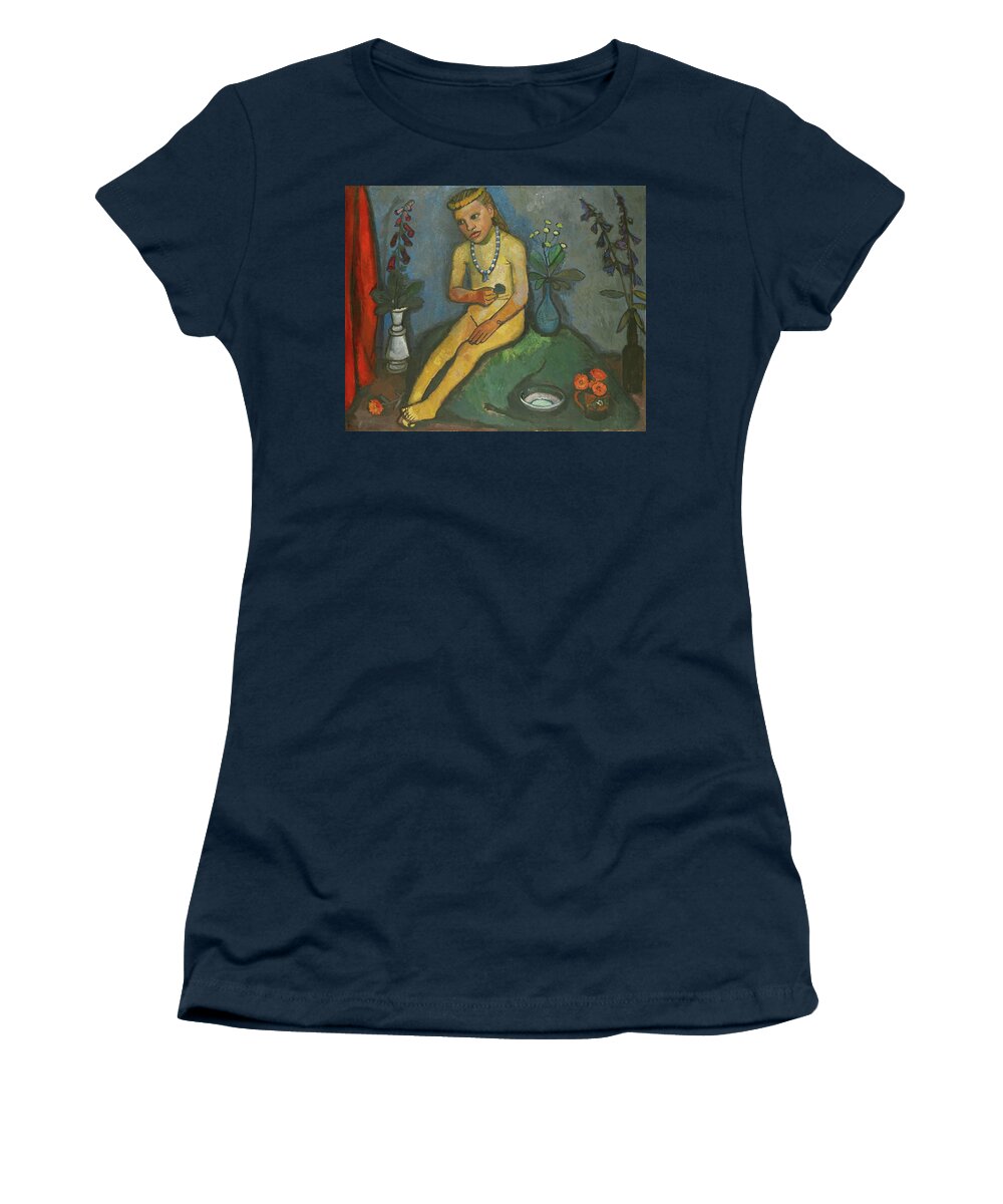 Paula Modersohn-becker Women's T-Shirt featuring the painting Sitzender Maedchenakt mit Blumen. Oil on canvas. by Paula Modersohn-becker