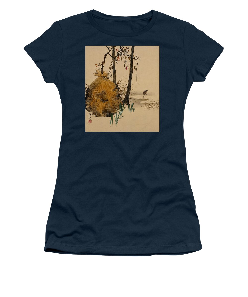 19th Century Art Women's T-Shirt featuring the painting Snow Shelter for a Tree with Sparrow by Shibata Zeshin