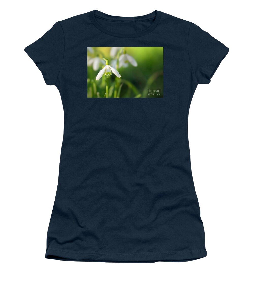 Snowdrops Women's T-Shirt featuring the photograph Snowdrops at eye level with copy space by Simon Bratt