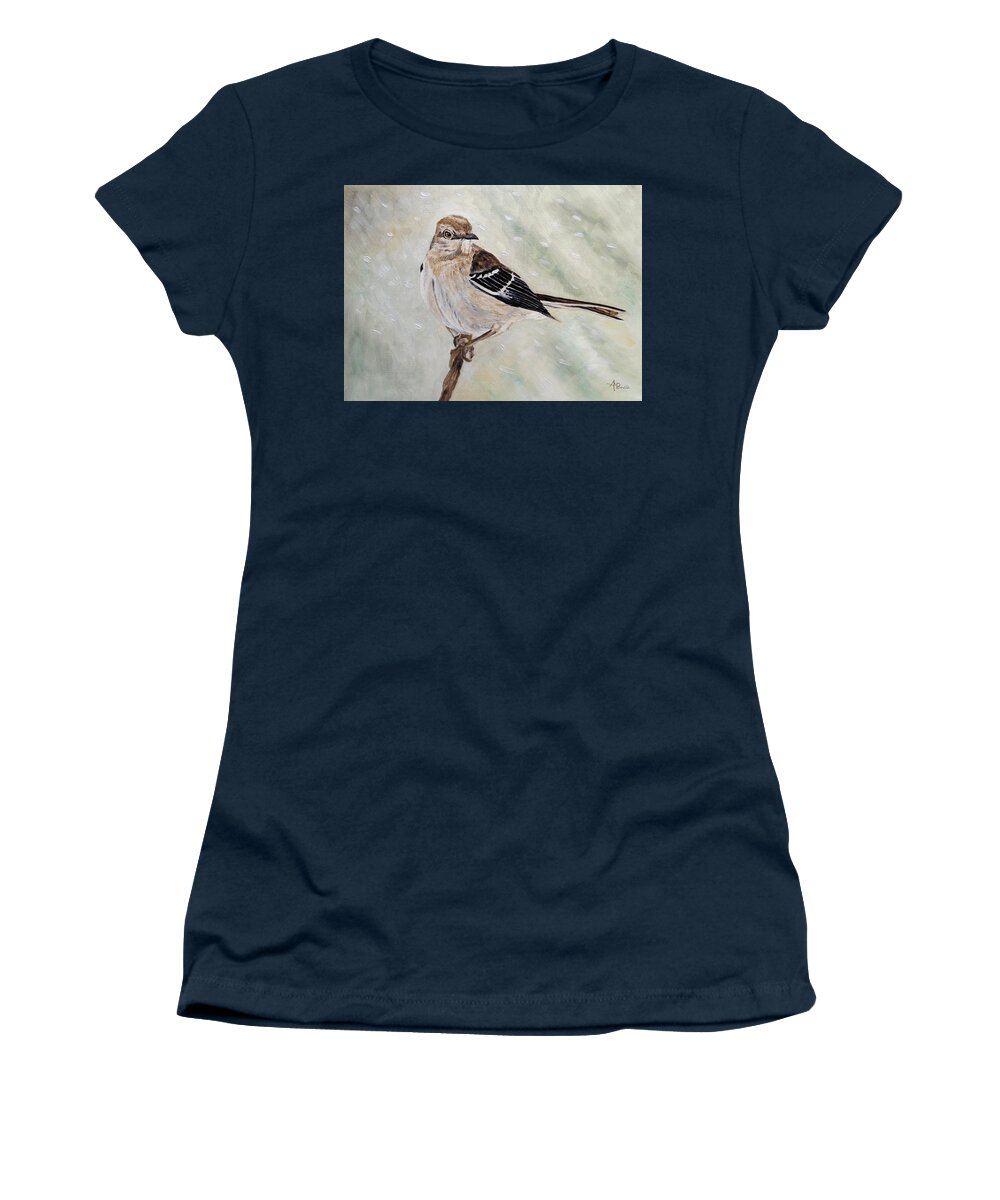Mockingbirds Women's T-Shirt featuring the painting Snowfall Mockingbird by Angeles M Pomata