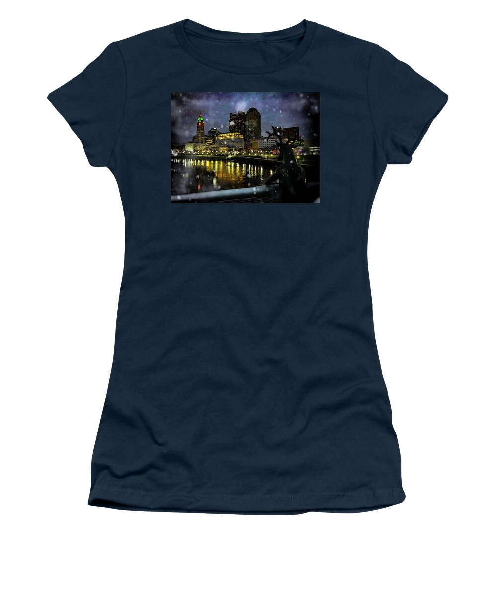 Columbus Women's T-Shirt featuring the digital art Snowy Deer on Bridge IMG_4143 V1 by Michael Thomas