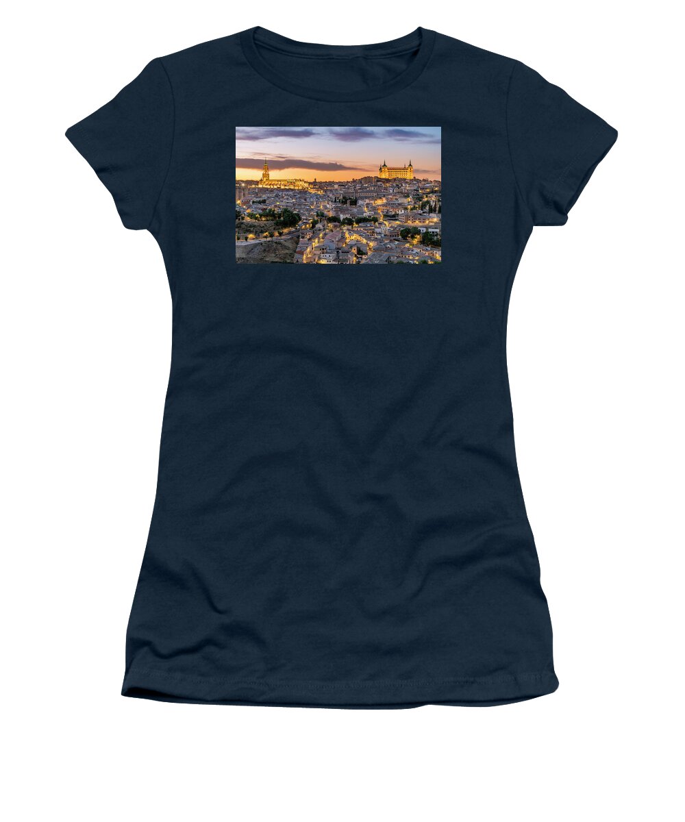 Estock Women's T-Shirt featuring the digital art Spain, Castilla-la Mancha, Toledo District, Way Of St. James, Route Of Santiago De Compostela, Toledo, City Skyline At Sunset by Stefano Politi Markovina