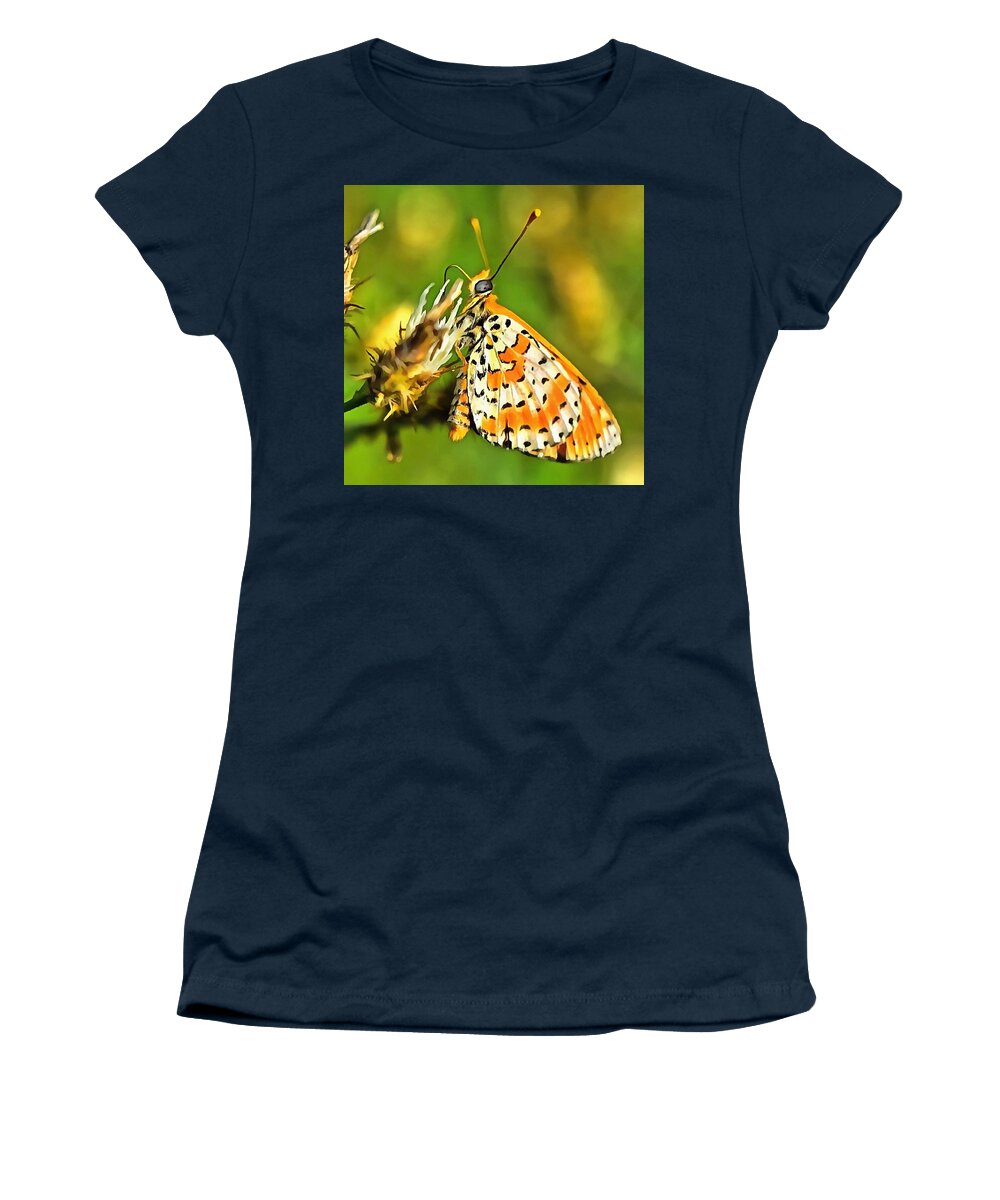Insect Women's T-Shirt featuring the painting Spotted Fritillary Orange and White Butterfly by Taiche Acrylic Art