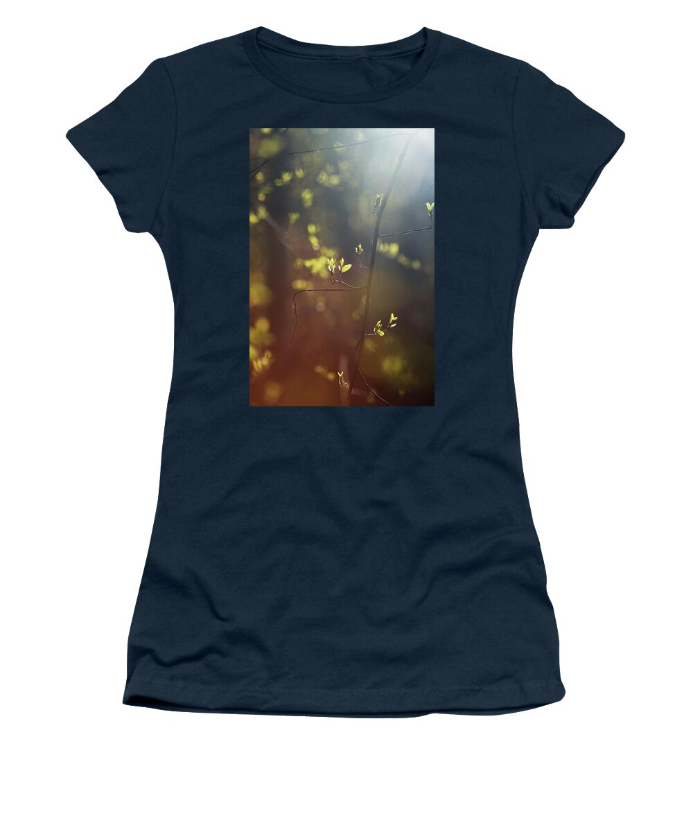 Against The Light Women's T-Shirt featuring the photograph Spring sunshine illuminating budding leaves 2 by Ulrich Kunst And Bettina Scheidulin
