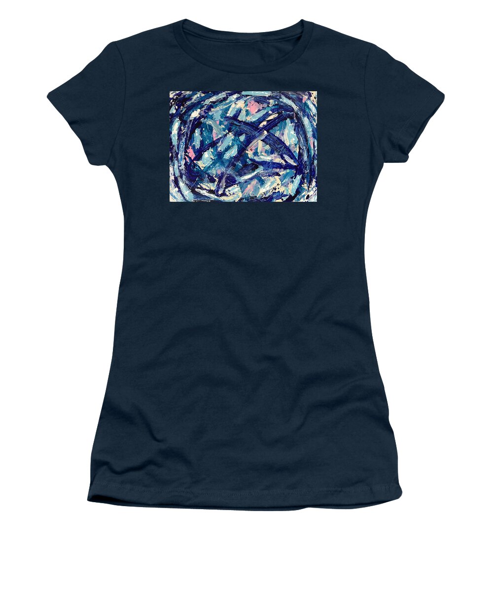 Blue Glass Stained Women's T-Shirt featuring the painting Stained Glass by Medge Jaspan