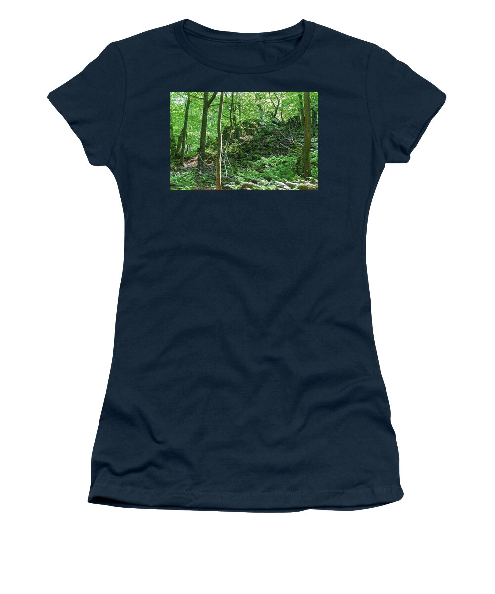 Forest Women's T-Shirt featuring the photograph Stones in a forest in Vogelsberg by Sun Travels